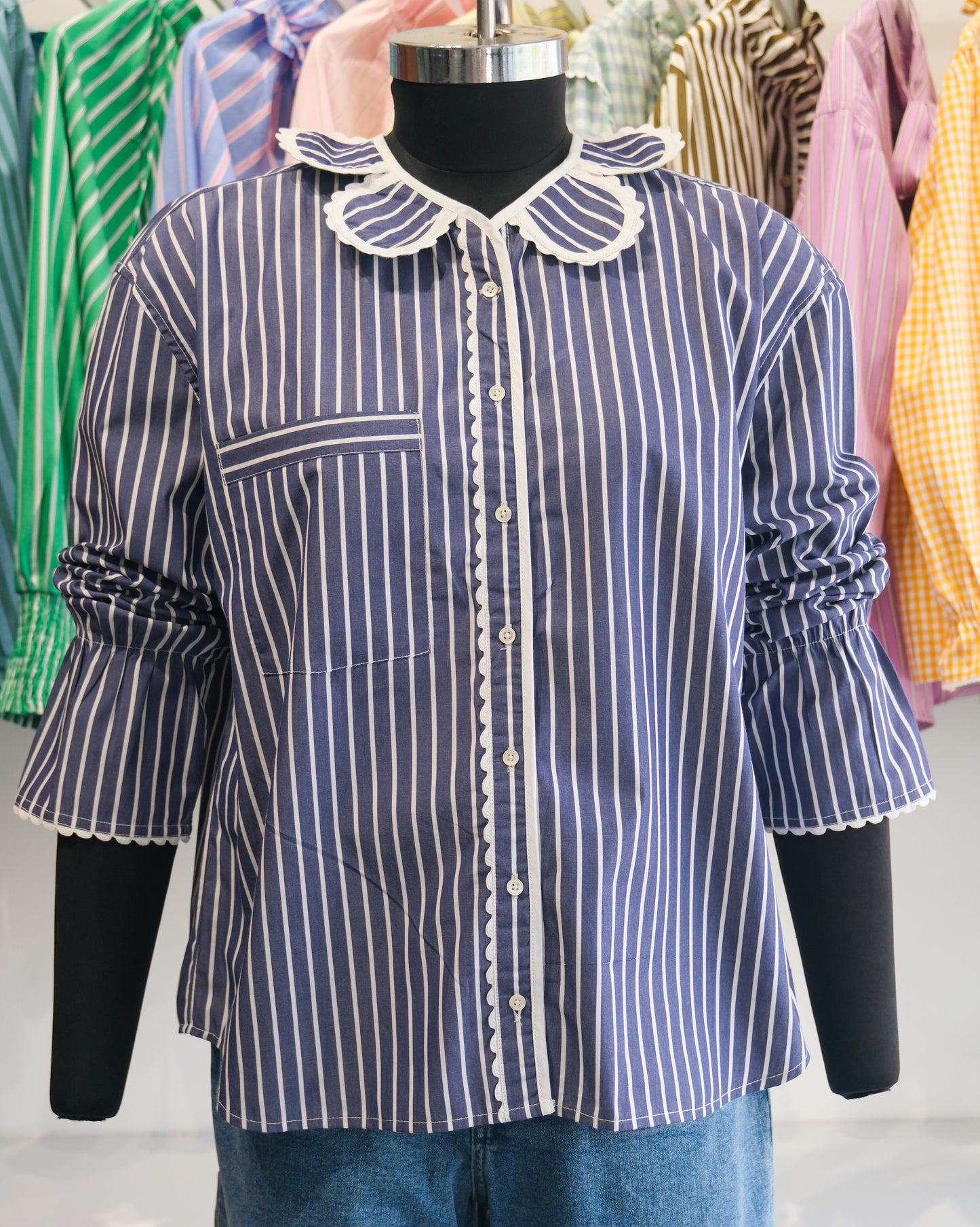 Navy Striped Petal Collar Oversized Shirt