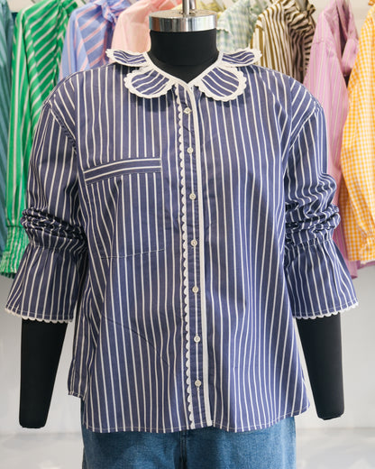 Navy Striped Petal Collar Oversized Shirt