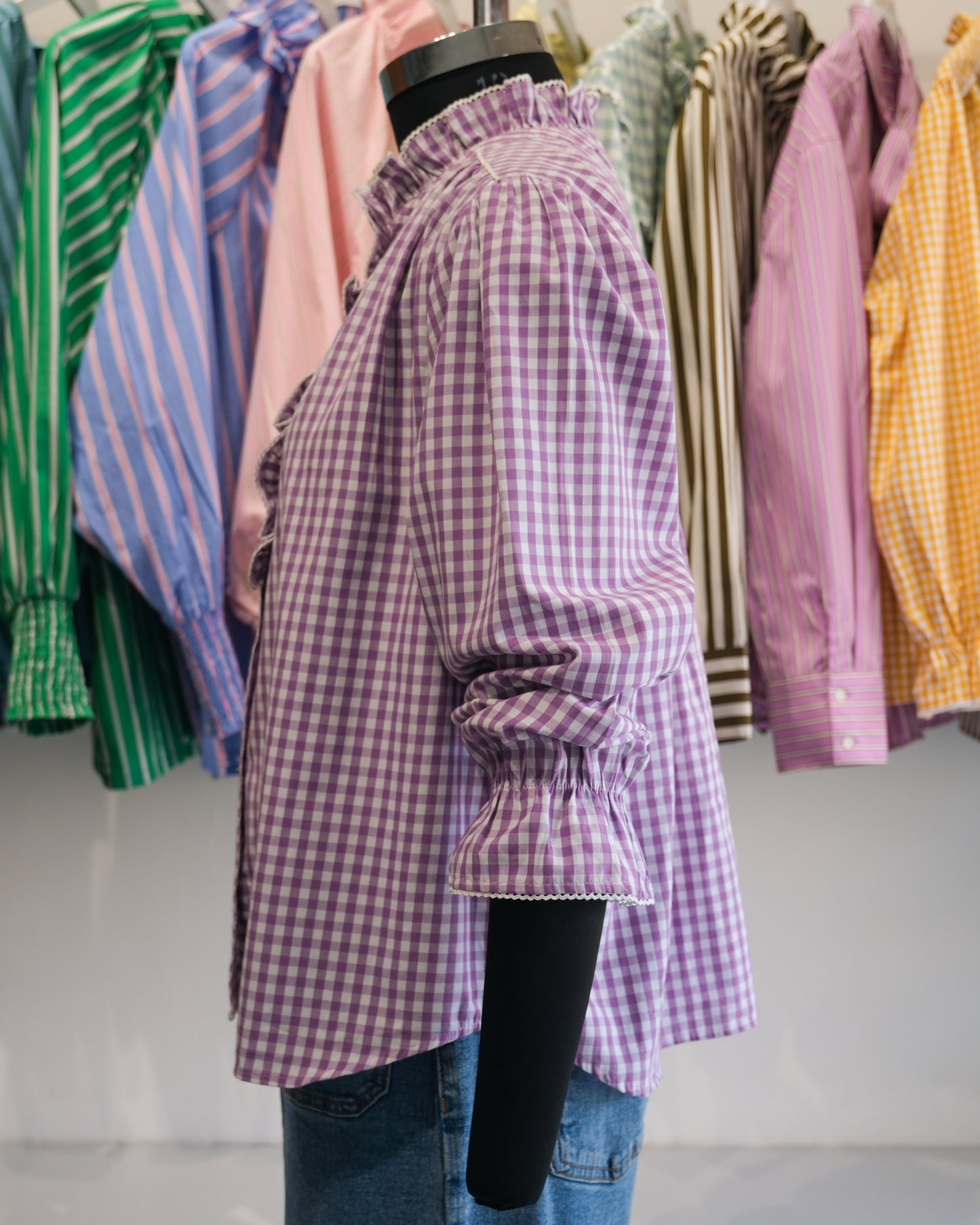 Purple Gingham Ruffle Collar Shirt