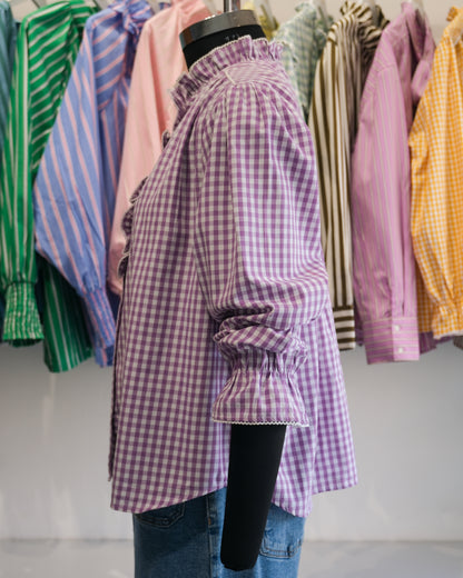 Purple Gingham Ruffle Collar Shirt