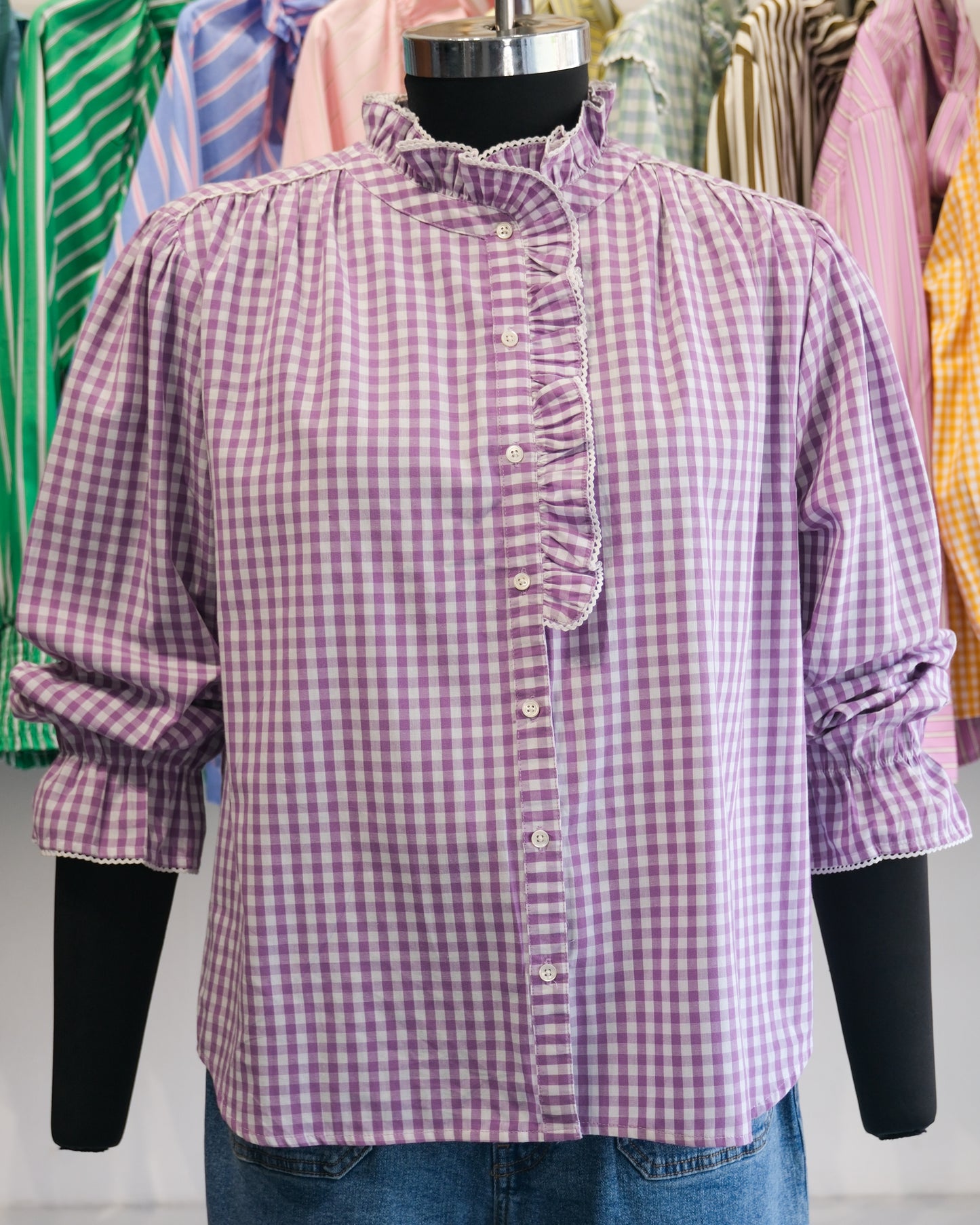 Purple Gingham Ruffle Collar Shirt
