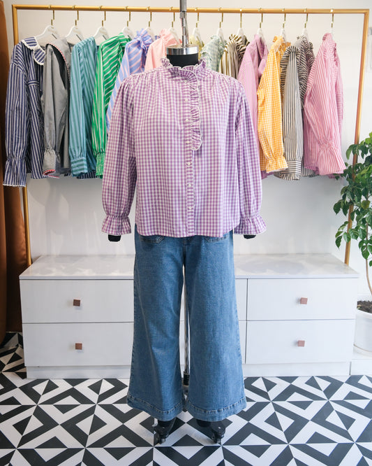 Purple Gingham Ruffle Collar Shirt