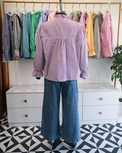 Purple Gingham Ruffle Collar Shirt