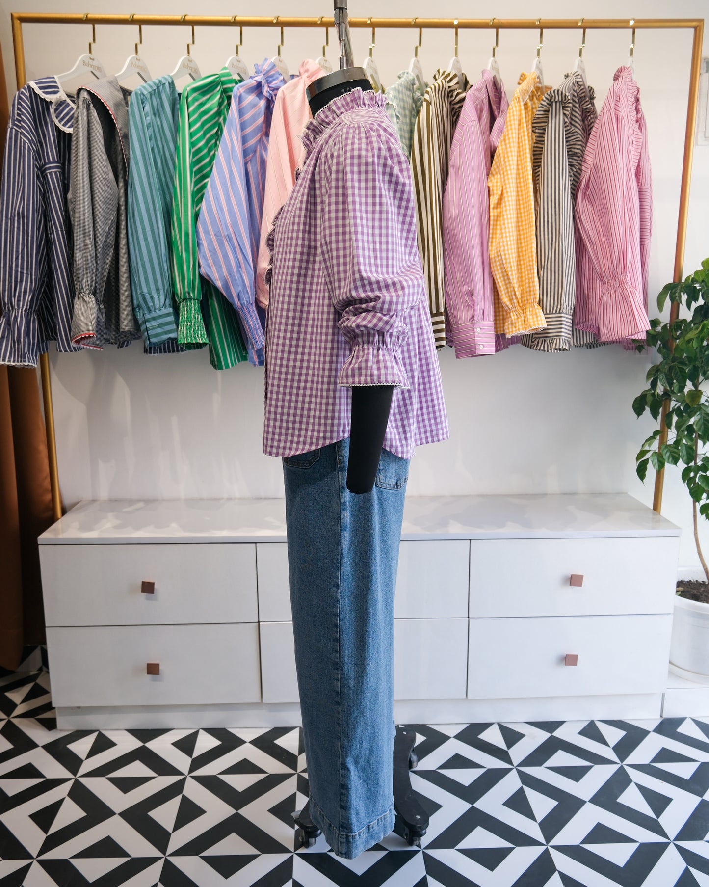 Purple Gingham Ruffle Collar Shirt
