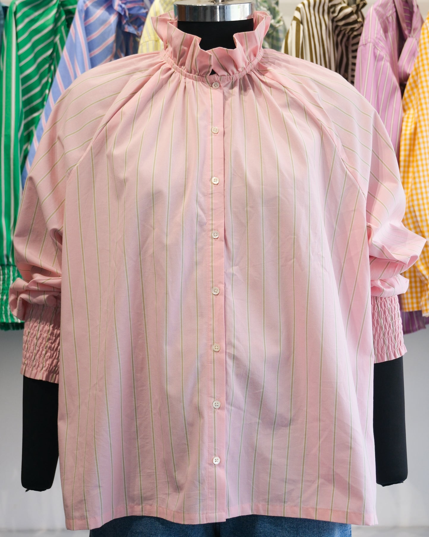 Pink and Sage Striped Ruffle Collar Raglan Shirt