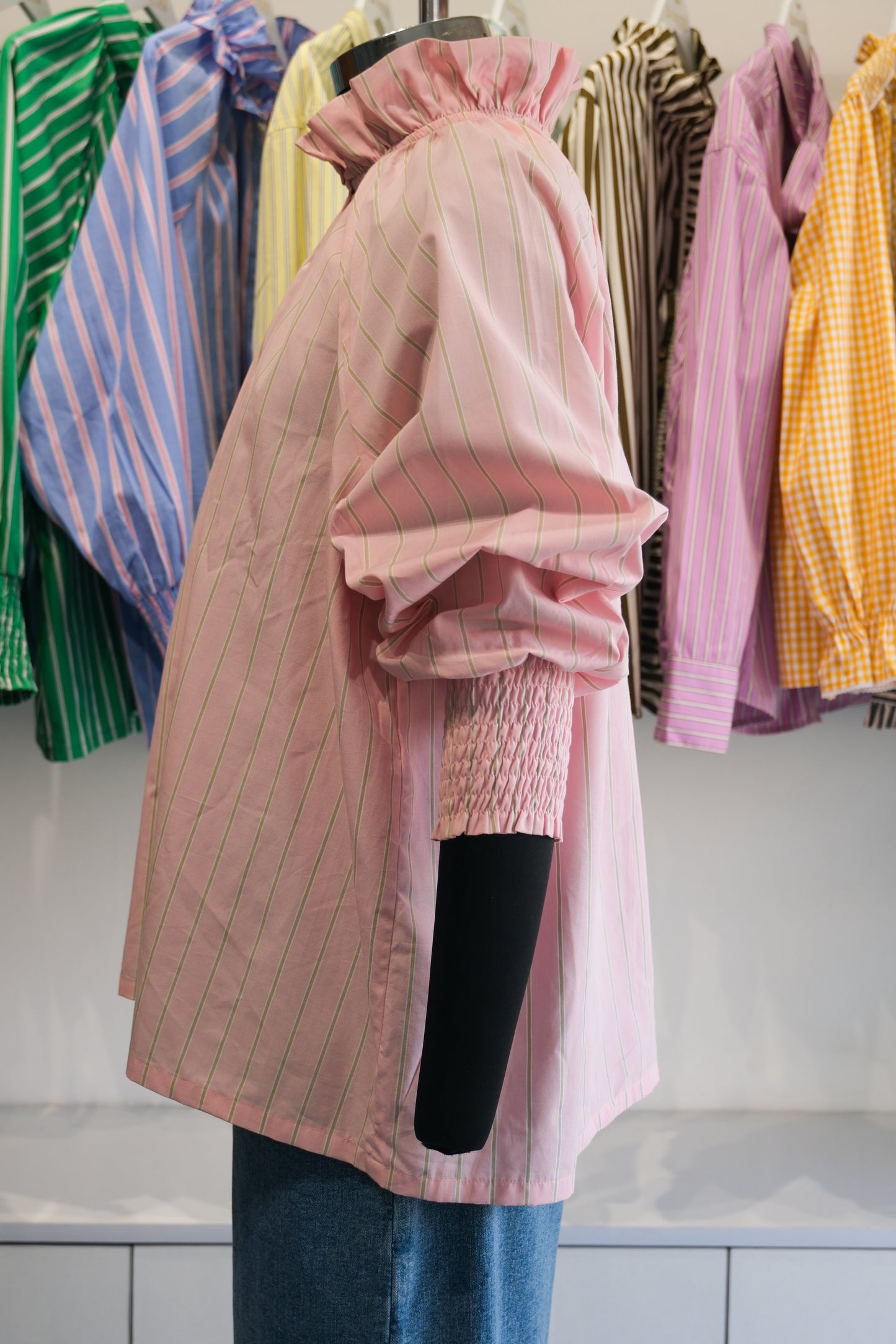 Pink and Sage Striped Ruffle Collar Raglan Shirt