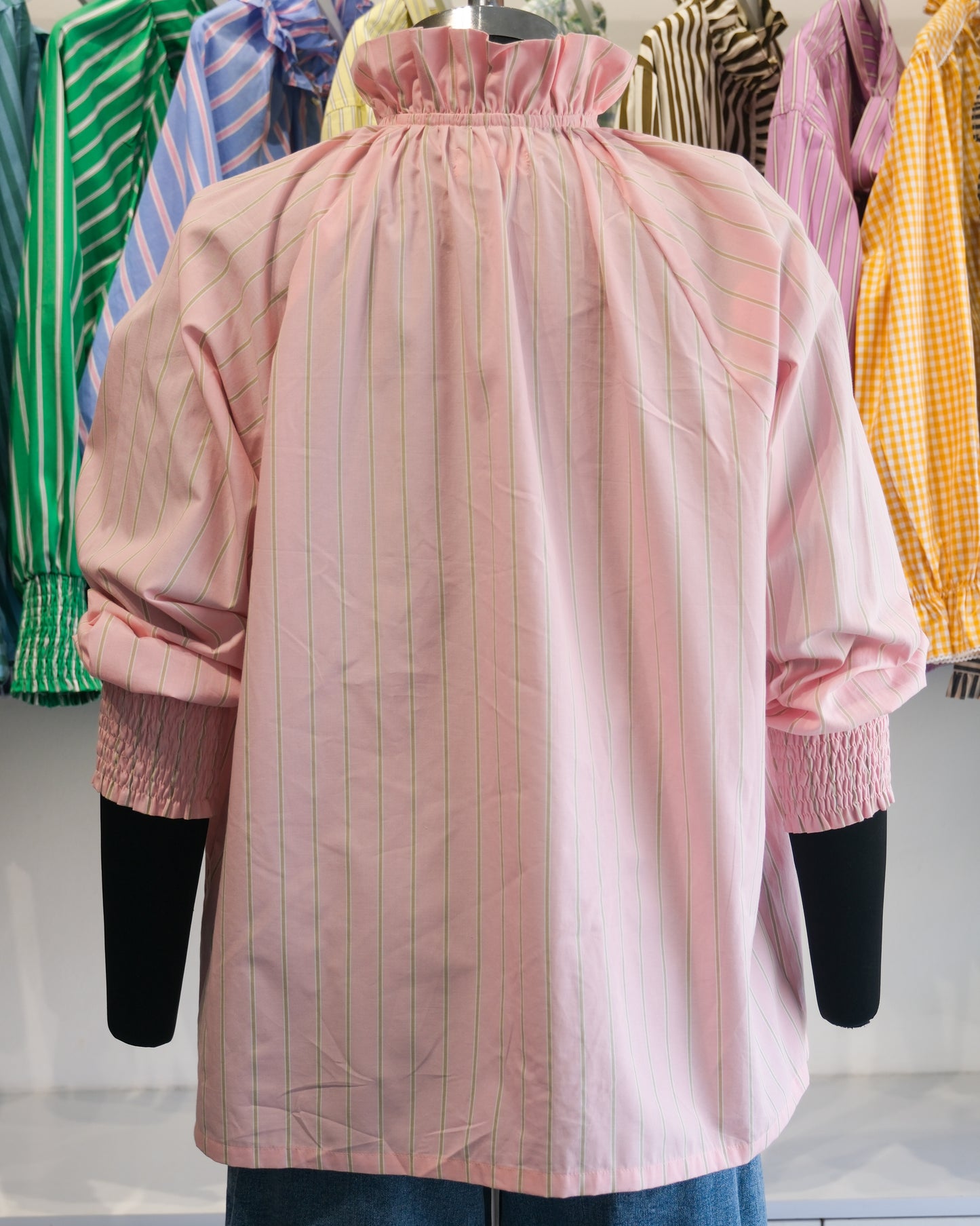 Pink and Sage Striped Ruffle Collar Raglan Shirt