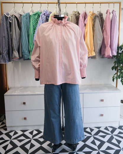 Pink and Sage Striped Ruffle Collar Raglan Shirt