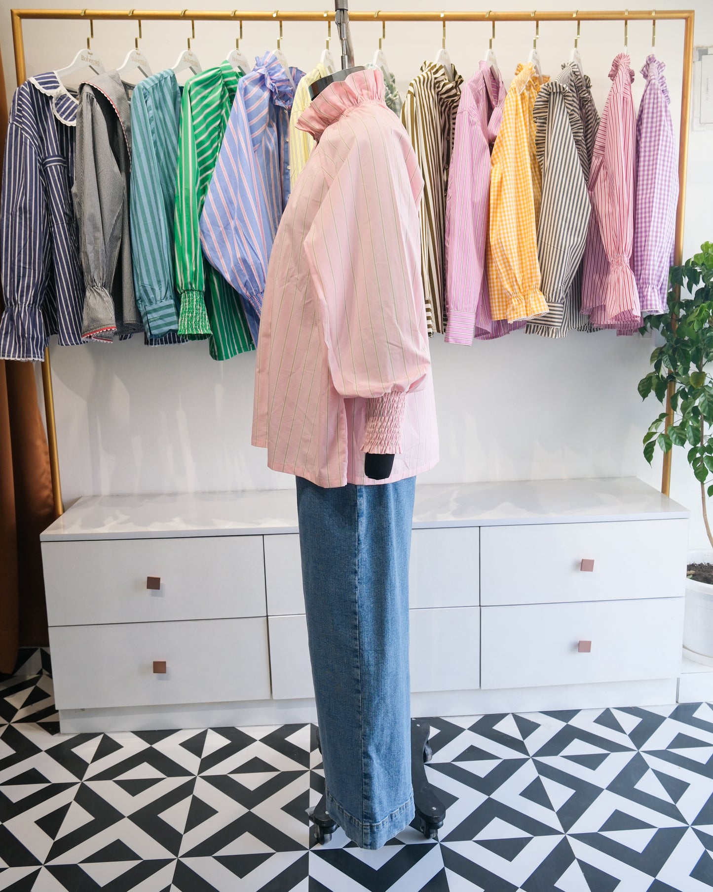 Pink and Sage Striped Ruffle Collar Raglan Shirt
