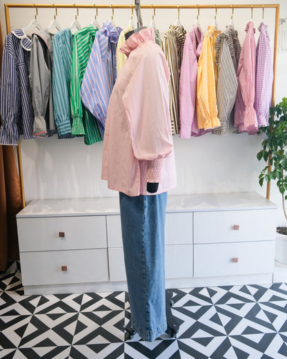 Pink and Sage Striped Ruffle Collar Raglan Shirt