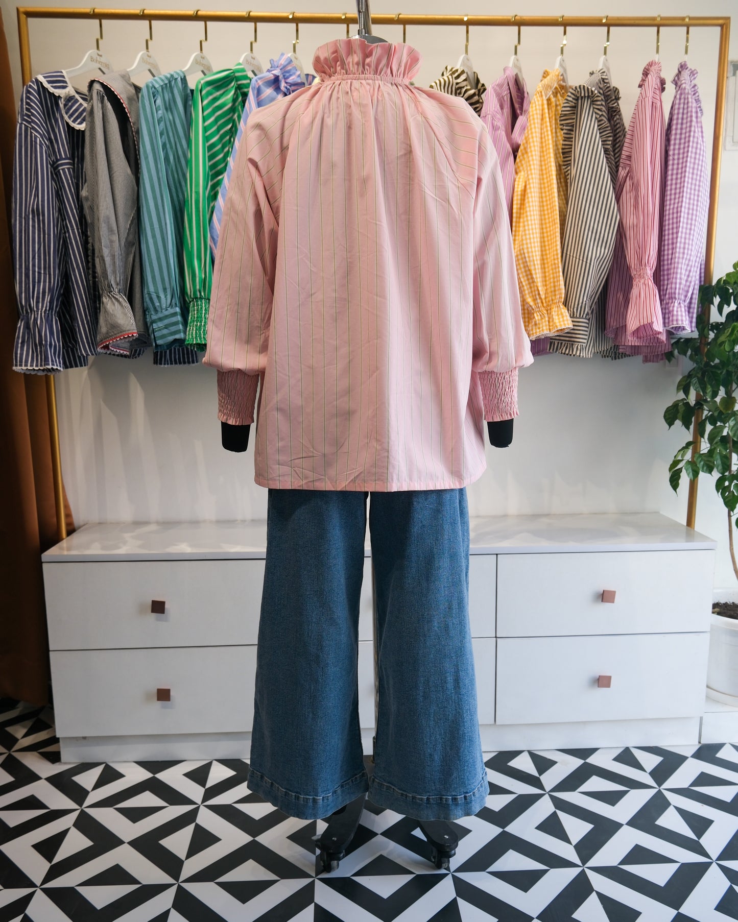 Pink and Sage Striped Ruffle Collar Raglan Shirt
