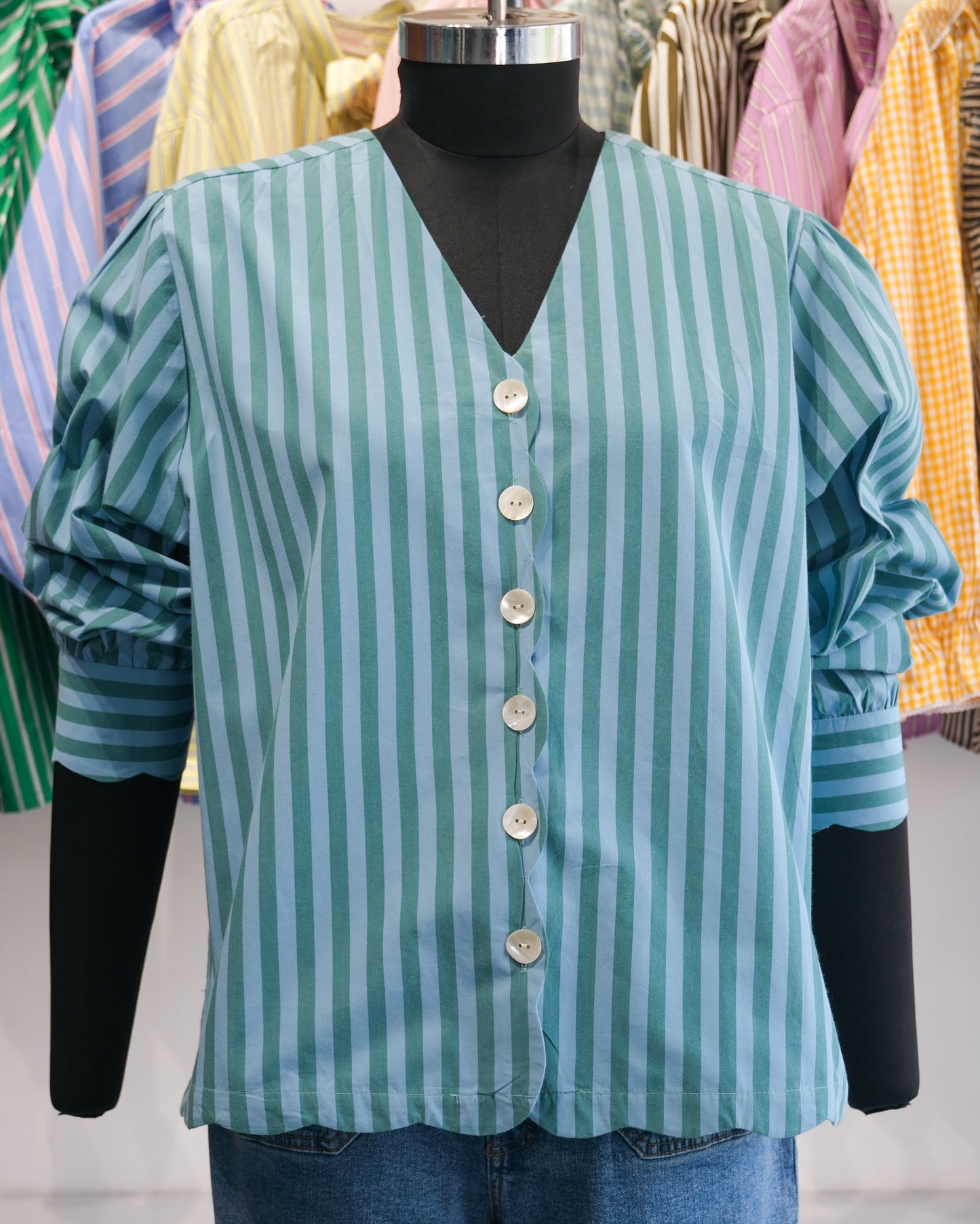 Teal Striped Scalloped Shirt