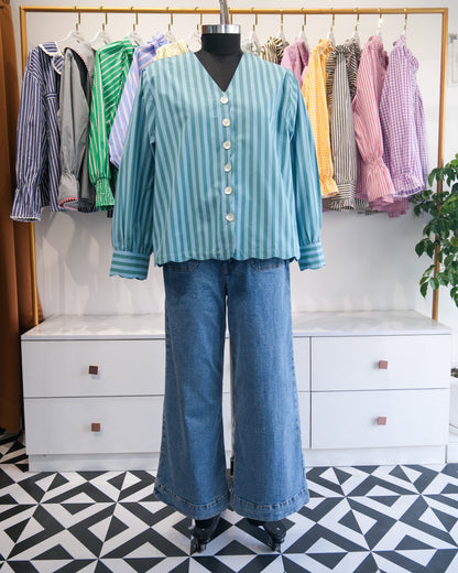 Teal Striped Scalloped Shirt