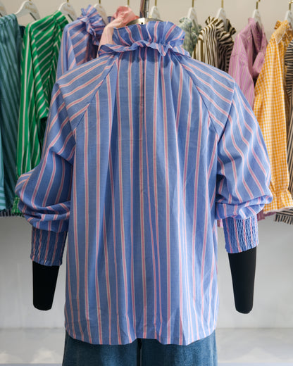 Blue and Pink Striped Victorian Collar Raglan Shirt