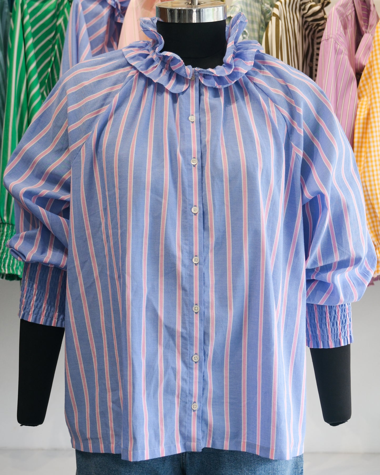 Blue and Pink Striped Victorian Collar Raglan Shirt