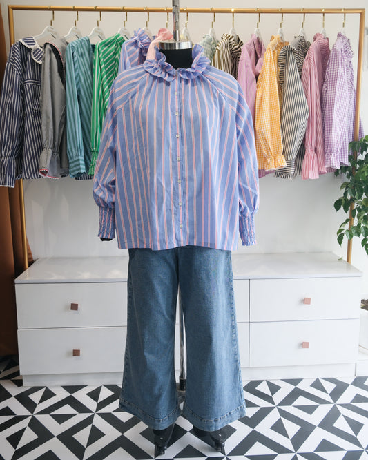 Blue and Pink Striped Victorian Collar Raglan Shirt