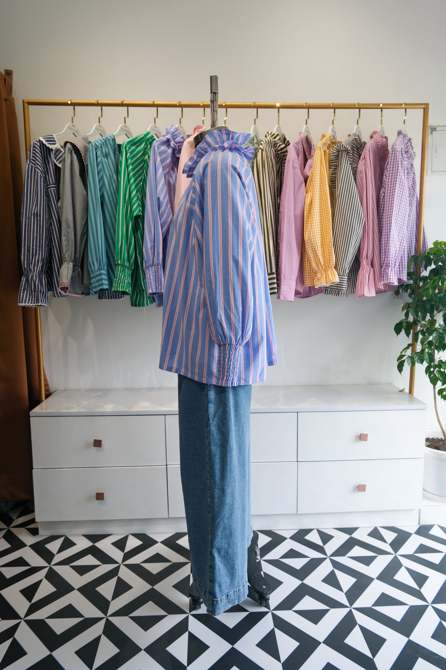 Blue and Pink Striped Victorian Collar Raglan Shirt