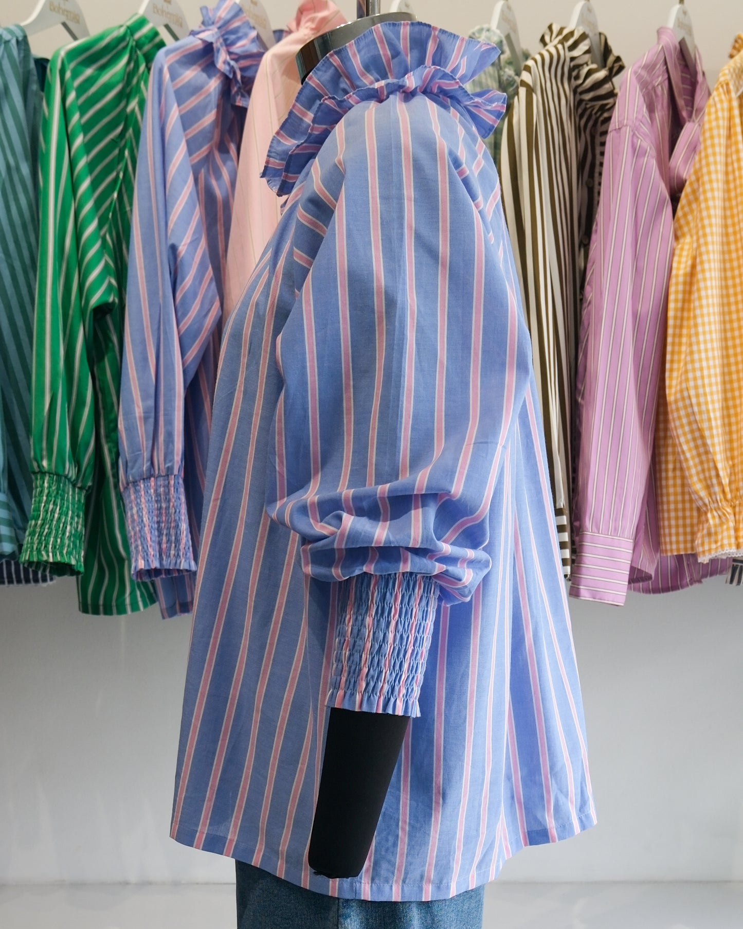 Blue and Pink Striped Victorian Collar Raglan Shirt