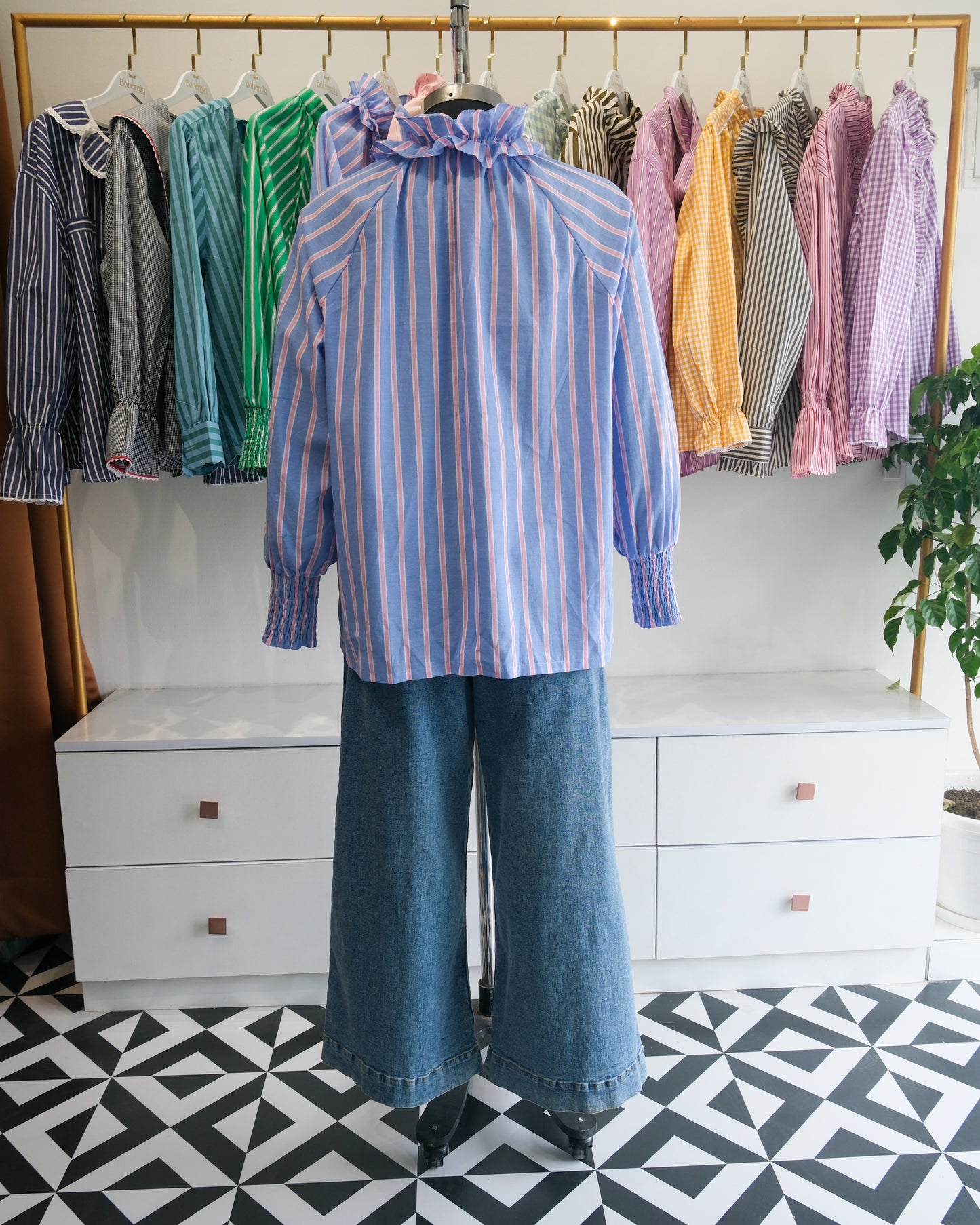 Blue and Pink Striped Victorian Collar Raglan Shirt
