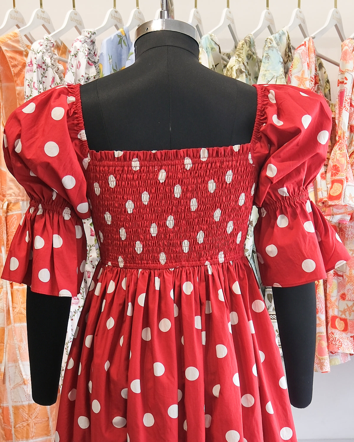 Cherry Polka Dot Smocked Midi Dress