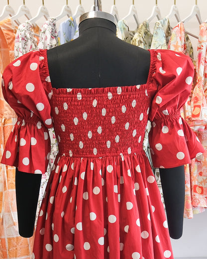 Cherry Polka Dot Smocked Midi Dress