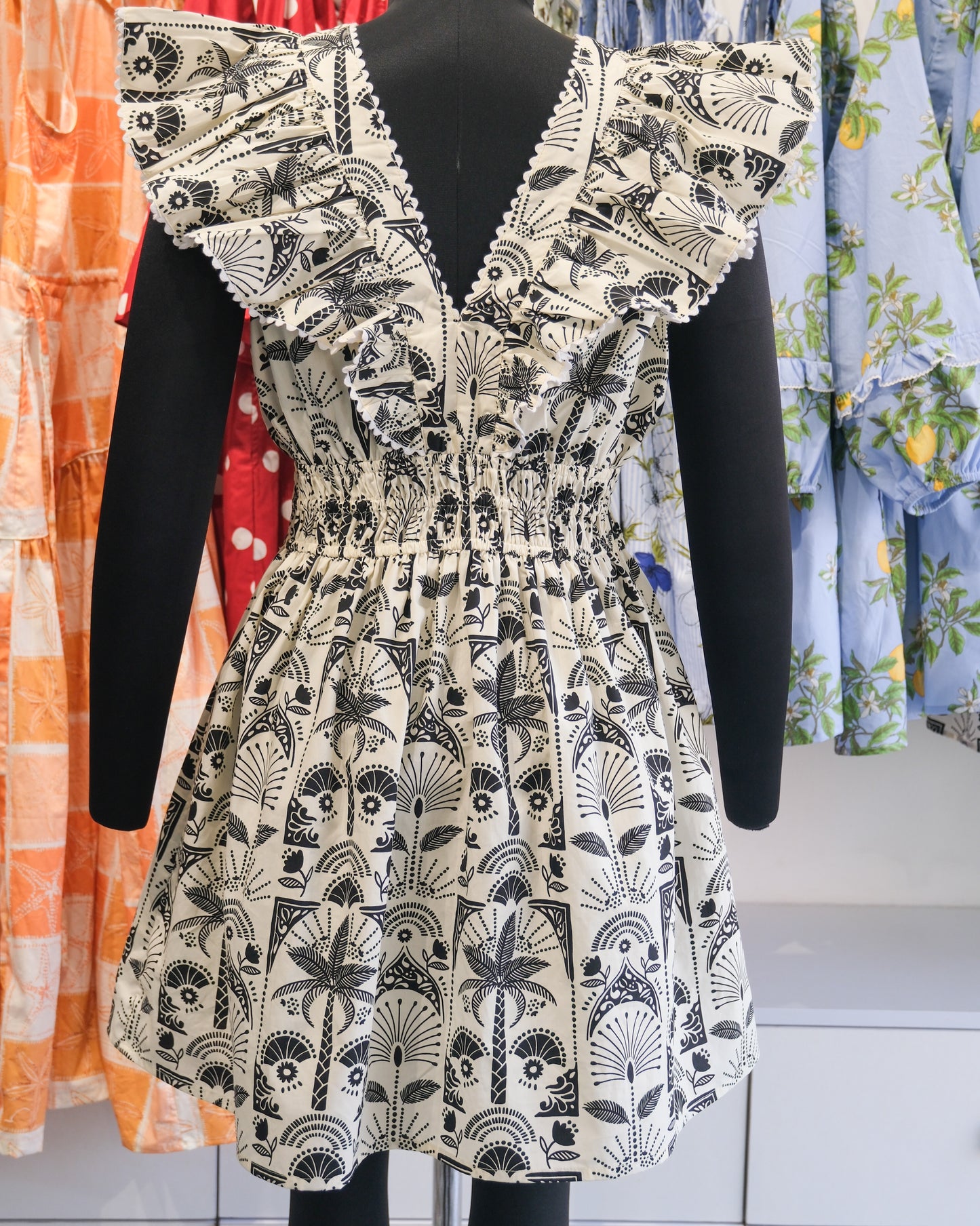 Ivory & Black Tropical Smocked Waist Short Dress