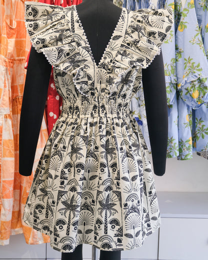 Ivory & Black Tropical Smocked Waist Short Dress
