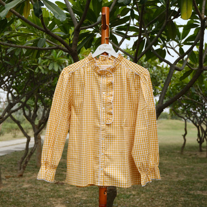 Yellow Gingham Ruffle Collar Shirt