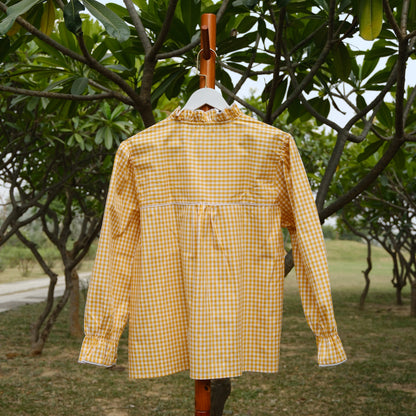 Yellow Gingham Ruffle Collar Shirt